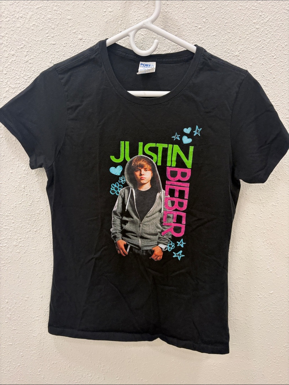 Justin Bieber Black Tee with Green and Pink Logo